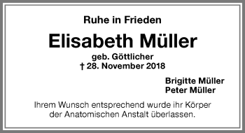 Traueranzeige von Elisabeth Müller von Memminger Zeitung