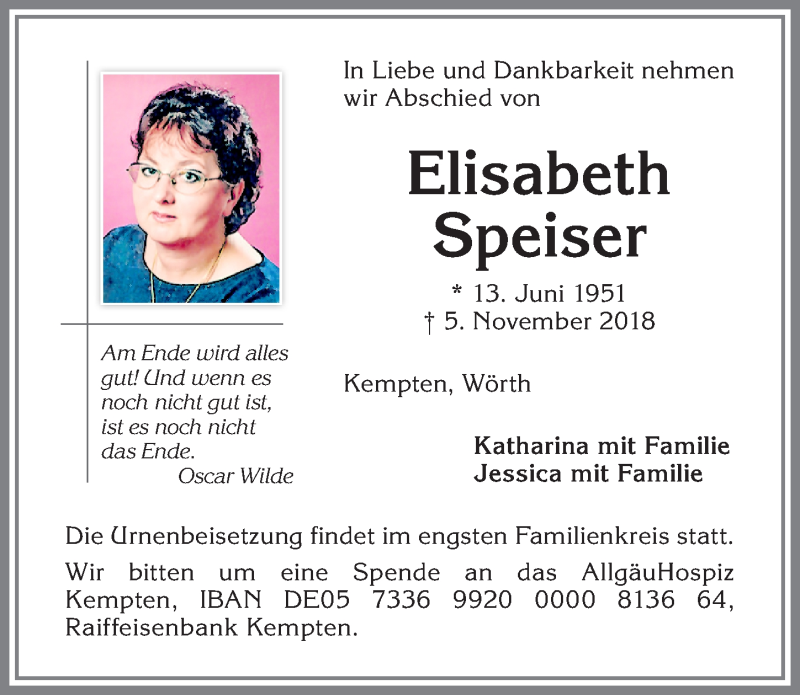  Traueranzeige für Elisabeth Speiser vom 10.11.2018 aus Allgäuer Zeitung,Kempten