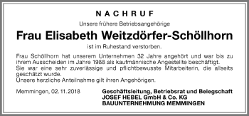 Traueranzeige von Elisabeth Weitzdörfer-Schöllhorn von Memminger Zeitung