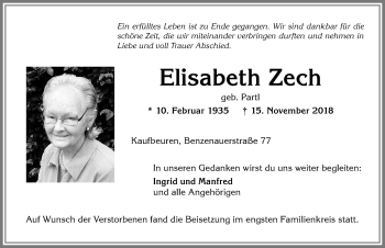 Traueranzeige von Elisabeth Zech von Allgäuer Zeitung, Kaufbeuren/Buchloe