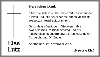 Traueranzeige von Else Lutz von Allgäuer Zeitung, Kaufbeuren/Buchloe