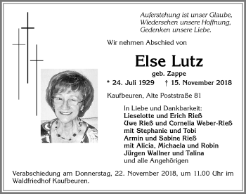Traueranzeige von Else Lutz von Allgäuer Zeitung, Kaufbeuren/Buchloe