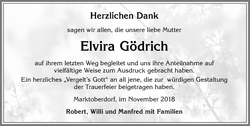  Traueranzeige für Elvira Gödrich vom 17.11.2018 aus Allgäuer Zeitung, Marktoberdorf