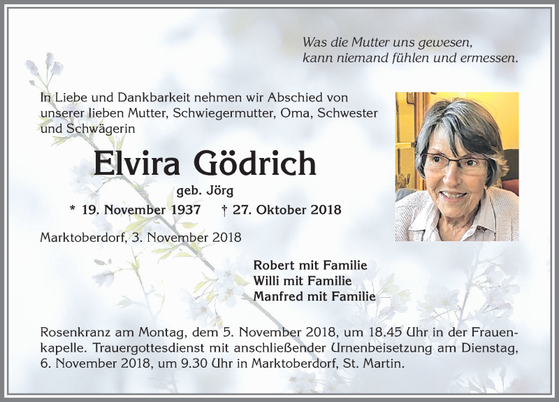  Traueranzeige für Elvira Gödrich vom 03.11.2018 aus Allgäuer Zeitung, Marktoberdorf