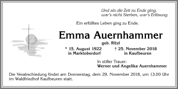 Traueranzeige von Emma Auernhammer von Allgäuer Zeitung, Kaufbeuren/Buchloe