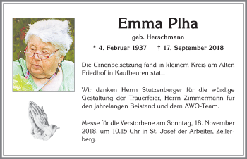 Traueranzeige von Emma Plha von Allgäuer Zeitung, Kaufbeuren/Buchloe