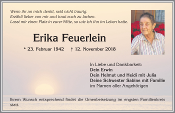 Traueranzeige von Erika Feuerlein von Allgäuer Anzeigeblatt