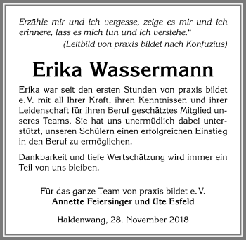 Traueranzeige von Erika Wassermann von Allgäuer Zeitung,Kempten