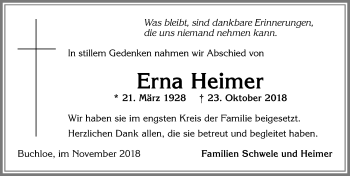 Traueranzeige von Erna Heimer von Allgäuer Zeitung, Kaufbeuren/Buchloe