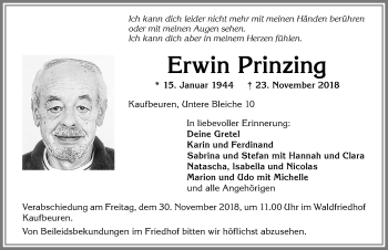 Traueranzeige von Erwin Prinzing von Allgäuer Zeitung, Kaufbeuren/Buchloe