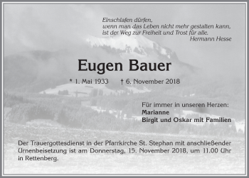 Traueranzeige von Eugen Bauer von Allgäuer Anzeigeblatt