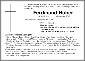 Traueranzeige von Ferdinand Huber von Memminger Zeitung