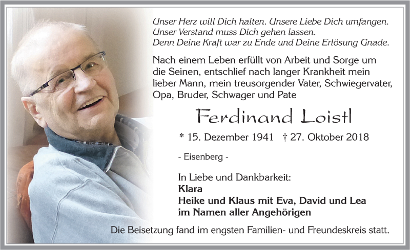  Traueranzeige für Ferdinand Loistl vom 03.11.2018 aus Allgäuer Zeitung, Füssen