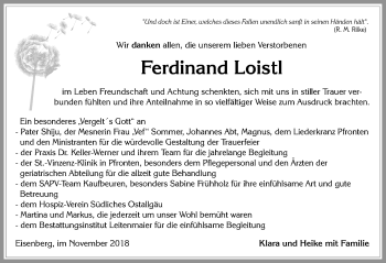 Traueranzeige von Ferdinand Loistl von Allgäuer Zeitung, Füssen