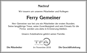 Traueranzeige von Ferry Gemeiner von Allgäuer Zeitung,Kempten