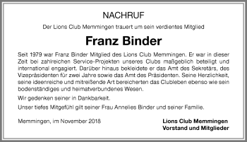 Traueranzeige von Franz Binder von Memminger Zeitung