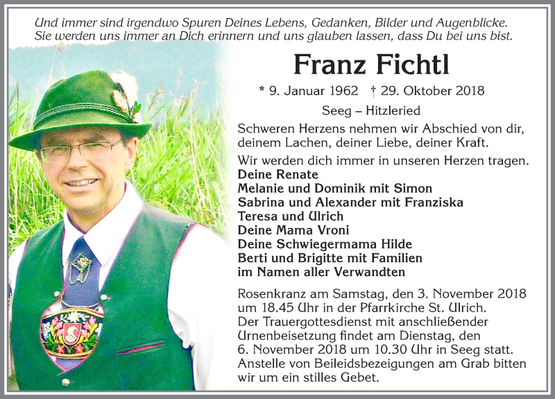  Traueranzeige für Franz Fichtl vom 02.11.2018 aus Allgäuer Zeitung, Füssen