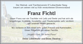 Traueranzeige von Franz Fichtl von Allgäuer Zeitung, Füssen