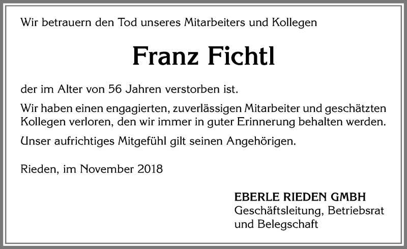  Traueranzeige für Franz Fichtl vom 05.11.2018 aus Allgäuer Zeitung, Füssen