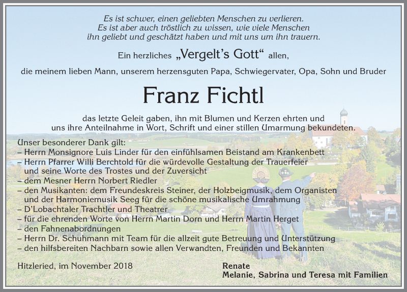  Traueranzeige für Franz Fichtl vom 15.11.2018 aus Allgäuer Zeitung, Füssen