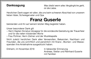 Traueranzeige von Franz Guserle von Memminger Zeitung