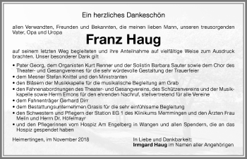 Traueranzeige von Franz Haug von Memminger Zeitung