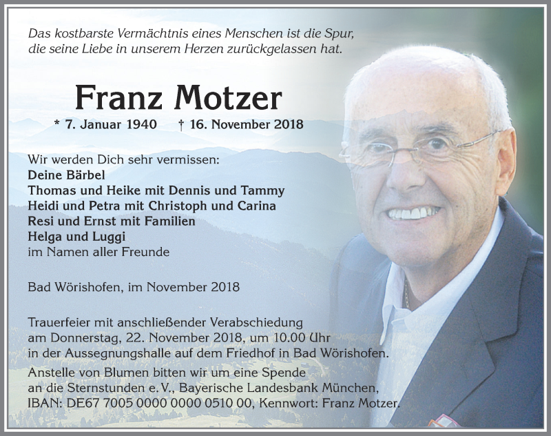  Traueranzeige für Franz Motzer vom 20.11.2018 aus Allgäuer Zeitung