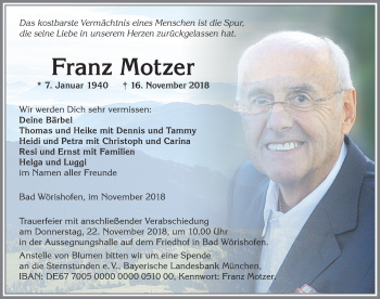 Traueranzeige von Franz Motzer von Allgäuer Zeitung
