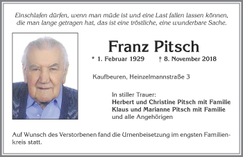 Traueranzeige von Franz Pitsch von Allgäuer Zeitung, Kaufbeuren/Buchloe