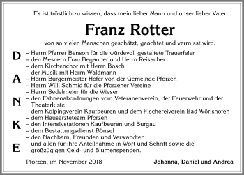 Traueranzeige von Franz Rotter von Allgäuer Zeitung, Kaufbeuren/Buchloe