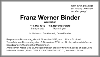 Traueranzeige von Franz Werner Binder von Memminger Zeitung