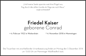 Traueranzeige von Friedel Kaiser von Memminger Zeitung