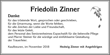Traueranzeige von Friedolin Zinner von Allgäuer Zeitung, Kaufbeuren/Buchloe
