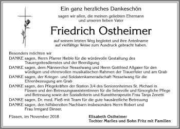Traueranzeige von Friedrich Ostheimer von Allgäuer Zeitung, Füssen