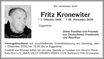 Traueranzeige von Fritz Kronewiter von Allgäuer Zeitung, Kaufbeuren/Buchloe