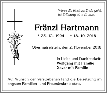Traueranzeige von Fränzl Hartmann von Allgäuer Anzeigeblatt