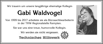 Traueranzeige von Gabi Waldvogel von Allgäuer Zeitung,Kempten