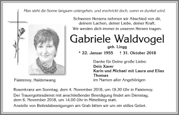 Traueranzeige von Gabriele Waldvogel von Allgäuer Zeitung,Kempten