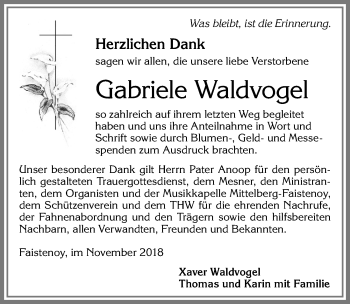 Traueranzeige von Gabriele Waldvogel von Allgäuer Zeitung,Kempten
