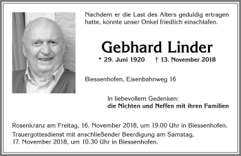 Traueranzeige von Gebhard Linder von Allgäuer Zeitung