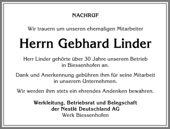 Traueranzeige von Gebhard Linder von Allgäuer Zeitung