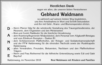 Traueranzeige von Gebhard Waldmann von Allgäuer Zeitung,Kempten