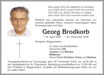Traueranzeige von Georg Brodkorb von Allgäuer Zeitung,Kempten