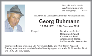 Traueranzeige von Georg Buhmann von Allgäuer Zeitung,Kempten