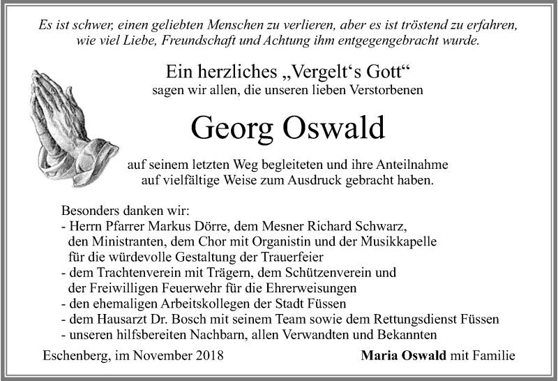 Traueranzeige für Georg Oswald vom 03.11.2018 aus Allgäuer Zeitung, Füssen