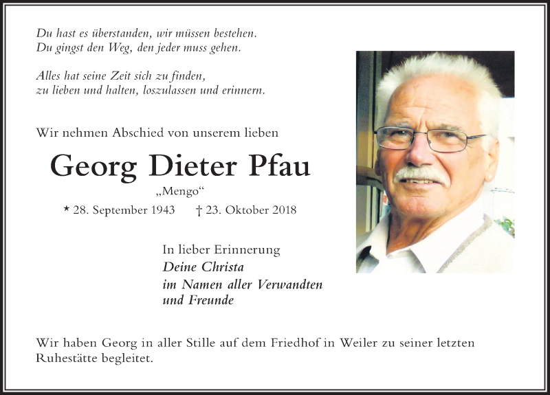  Traueranzeige für Georg Dieter Pfau vom 09.11.2018 aus Der Westallgäuer