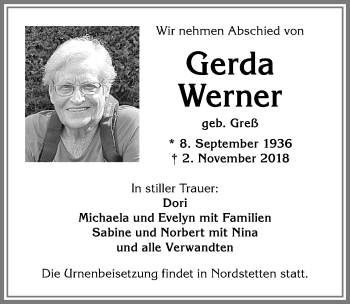 Traueranzeige von Gerda Werner von Allgäuer Zeitung, Marktoberdorf