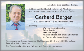 Traueranzeige von Gerhard Berger von Allgäuer Zeitung,Kempten