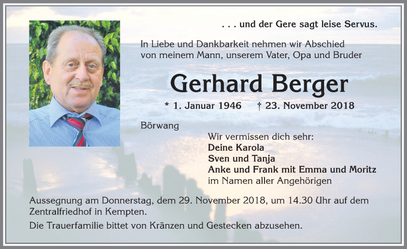  Traueranzeige für Gerhard Berger vom 26.11.2018 aus Allgäuer Zeitung,Kempten