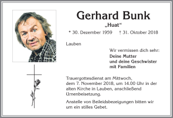 Traueranzeige von Gerhard Bunk von Allgäuer Zeitung,Kempten